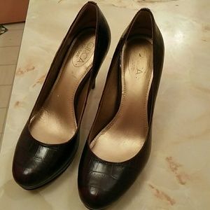 Maroon/Brown, reptile skin pumps, 4 inch heels
